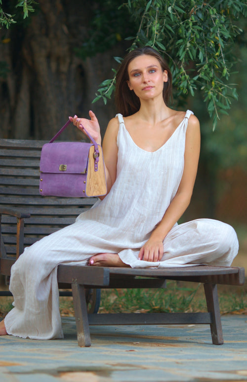 Purple oil leather top handle bag and olive treee wood - Handmade bags & jewelry