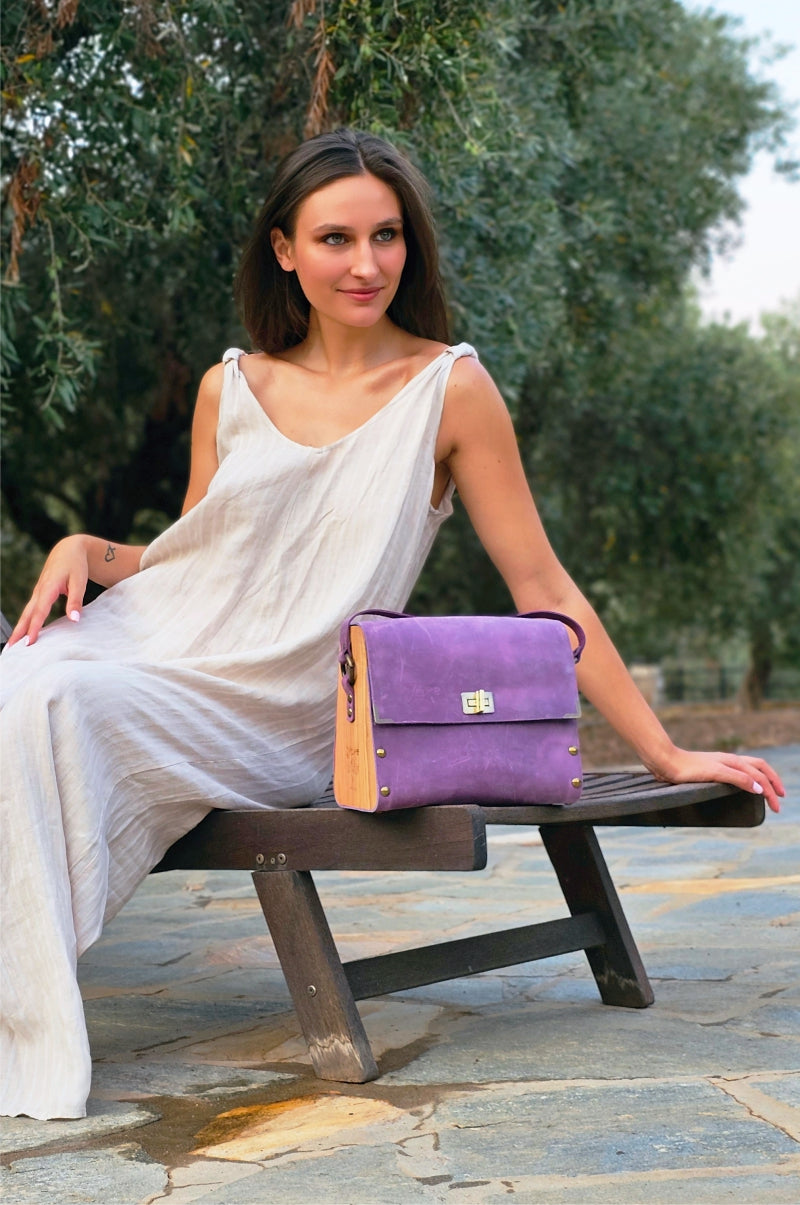 Purple oil leather top handle bag and olive treee wood - Handmade bags & jewelry