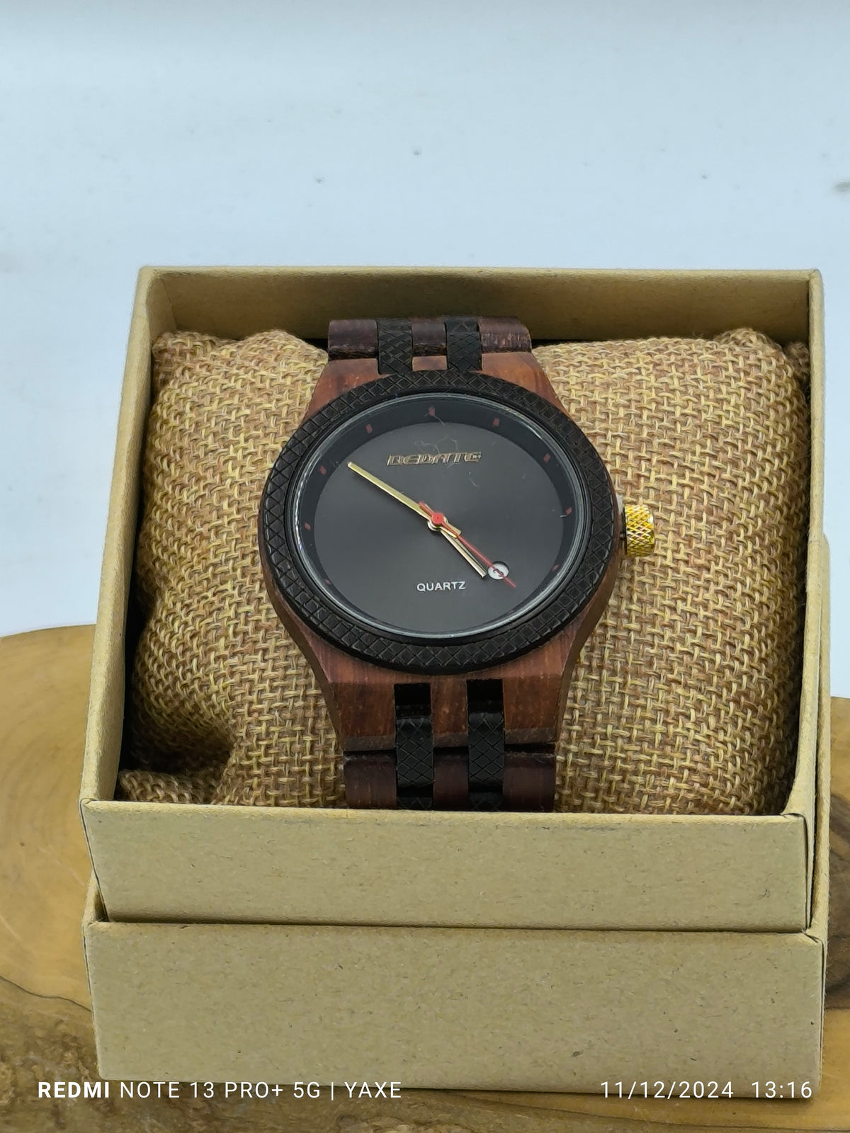 Men's wooden watch with red & black bamboo wood bracelet - Handmade bags & jewelry Green Products