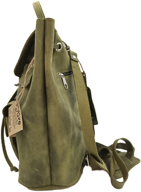 Handmade backpack bag with green leather & front locker pocket