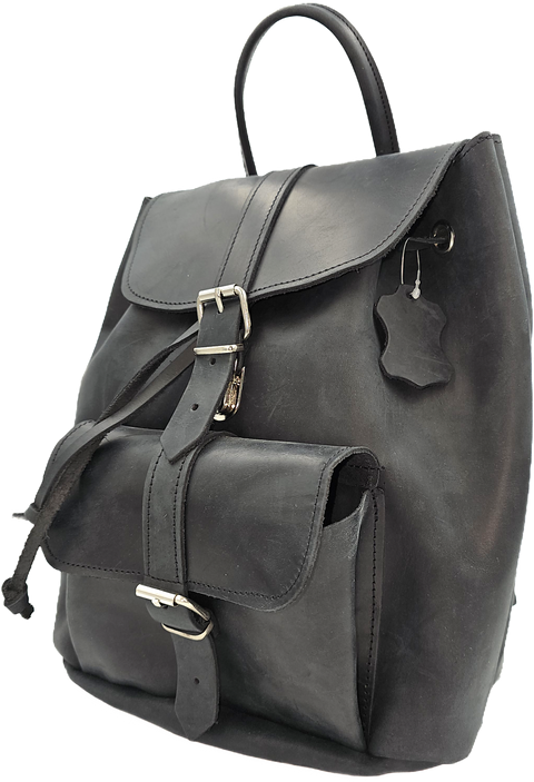 Black unisex backpack leather bag with locker front pocket
