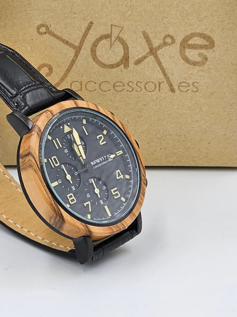 Men's olive wooden watch with black leather strap