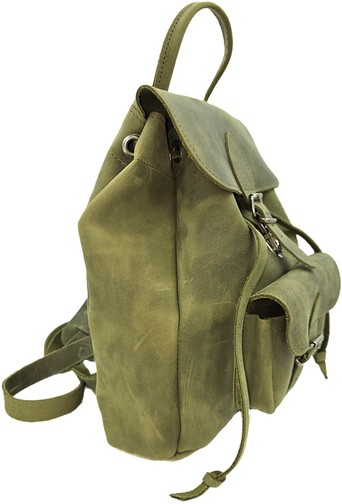 Green women's leather backpack from oil tanned leather