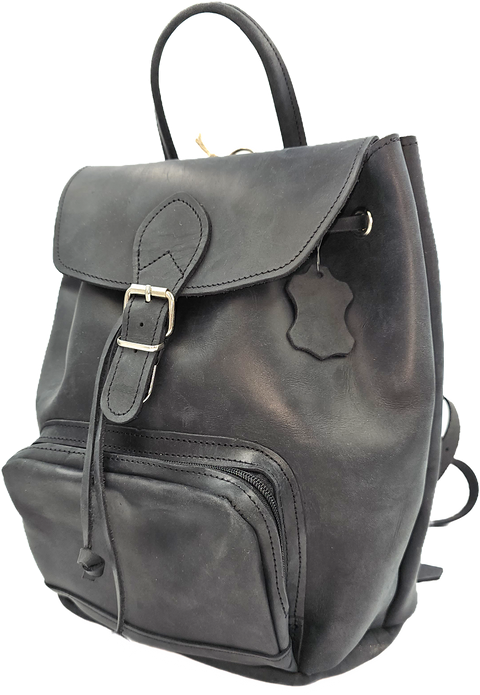 Black unisex backpack leather bag with zipper front pocket