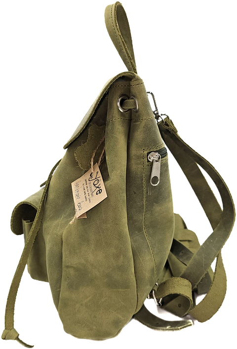 Green women's leather backpack from oil tanned leather