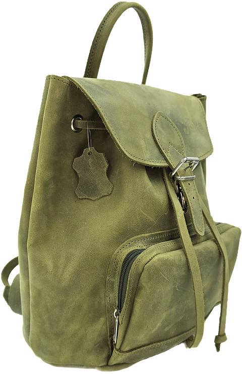 Handmade backpack bag with green leather & front zipper pocket