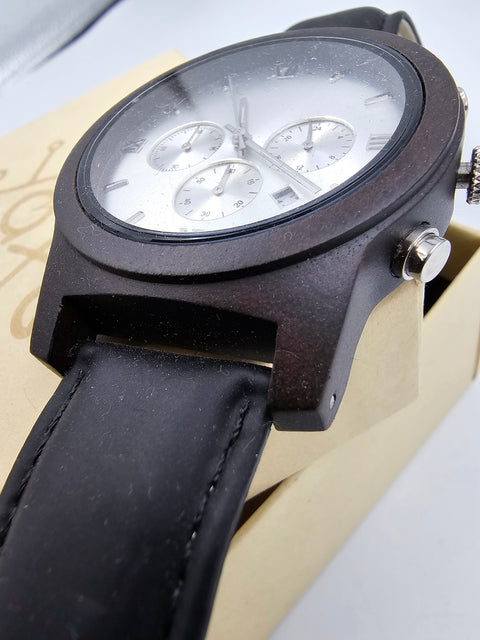Men's luxury watch from ebony wood and genuine leather strap