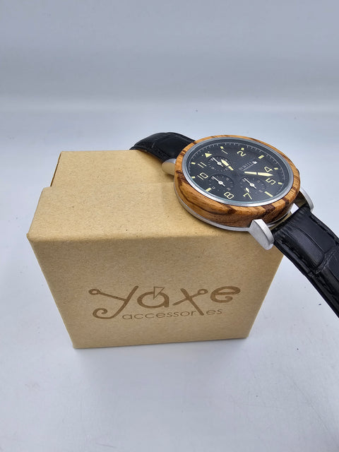 Men's wooden watch in zebrawood and black leather strap