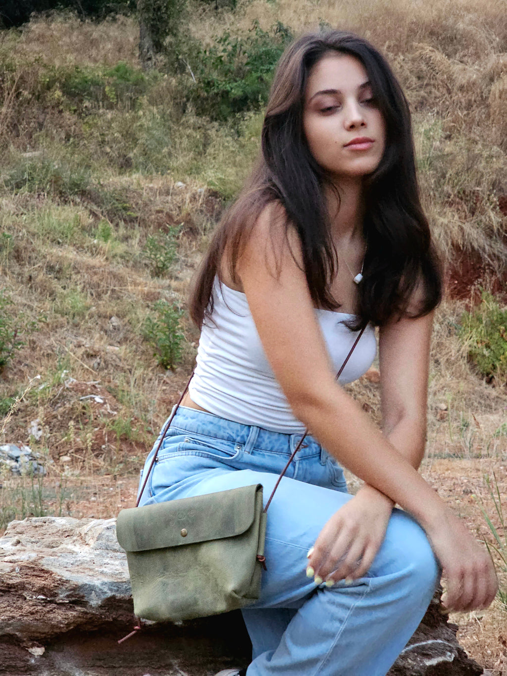 Handmade Olive Green Leather Crossbody Bag