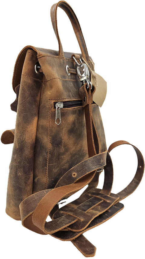 Brown crazy horse leather backpack from oil tanned leather and front locker pocket
