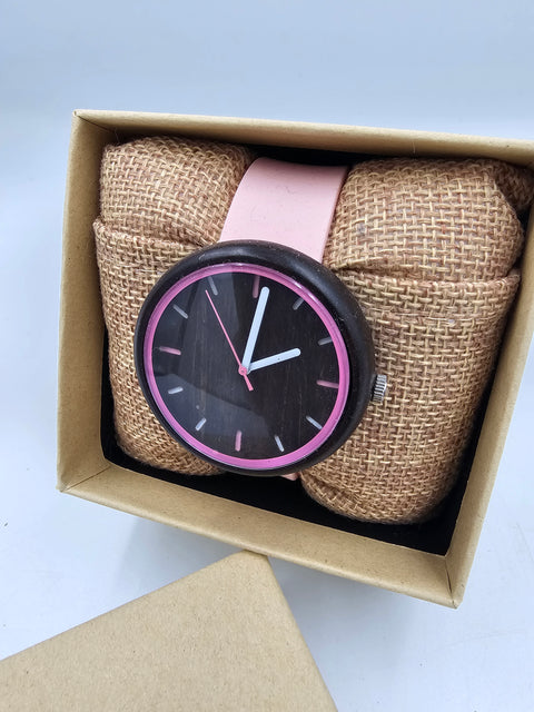 Pink silicone band women wood watch