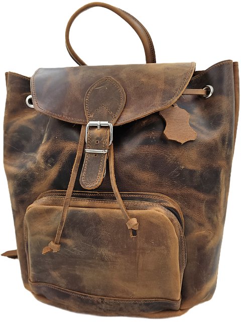 Brown crazy horse leather backpack from oil tanned leather and front zipper pocket