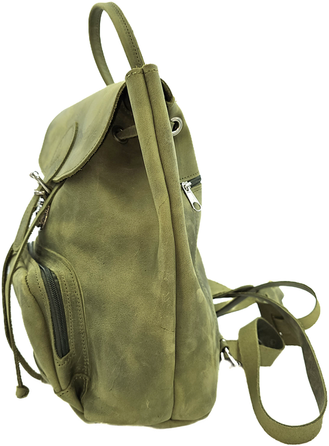 Handmade backpack bag with green leather & front zipper pocket