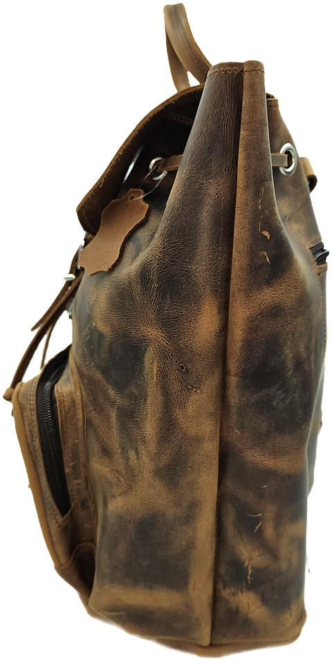 Brown crazy horse leather backpack from oil tanned leather and front zipper pocket