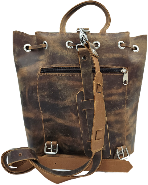Brown crazy horse leather backpack from oil tanned leather and front zipper pocket