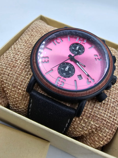 Stylish men's wooden watch with genuine black leather strap