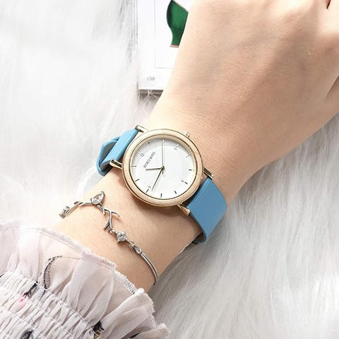 Women's wooden blue elegant watch