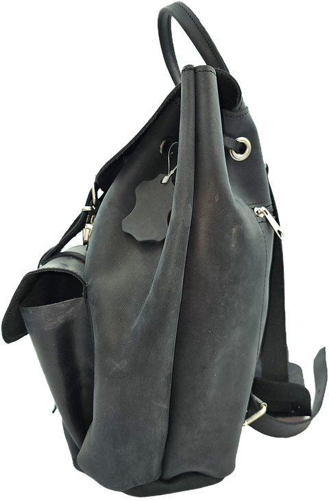 Black unisex backpack leather bag with locker front pocket