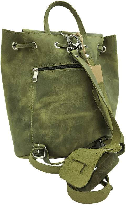 Handmade backpack bag with green leather & front locker pocket