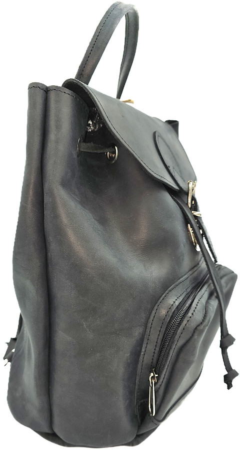 Black unisex backpack leather bag with zipper front pocket