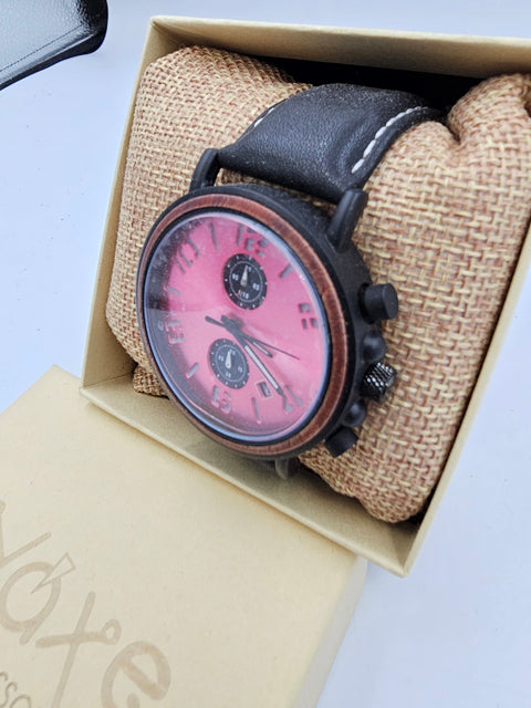 Stylish men's wooden watch with genuine black leather strap