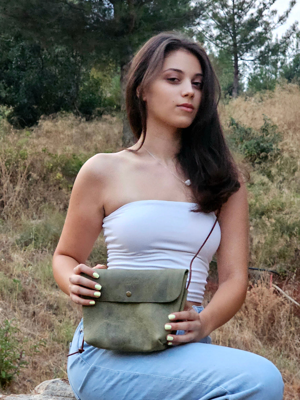 Handmade Olive Green Leather Crossbody Bag