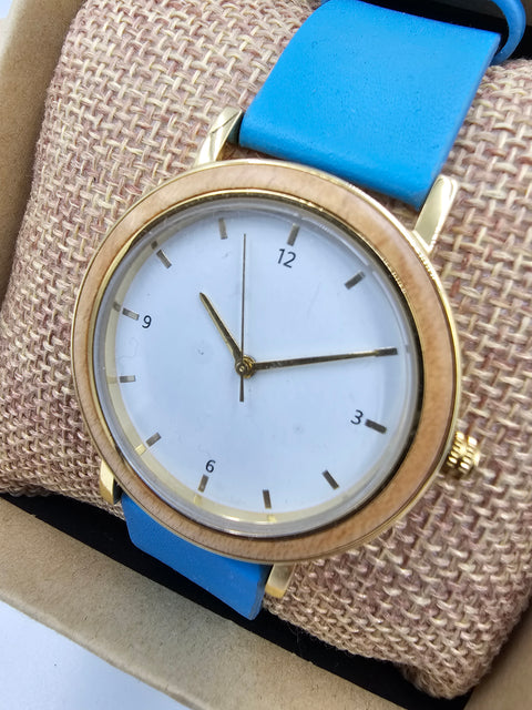 Women's wooden blue elegant watch