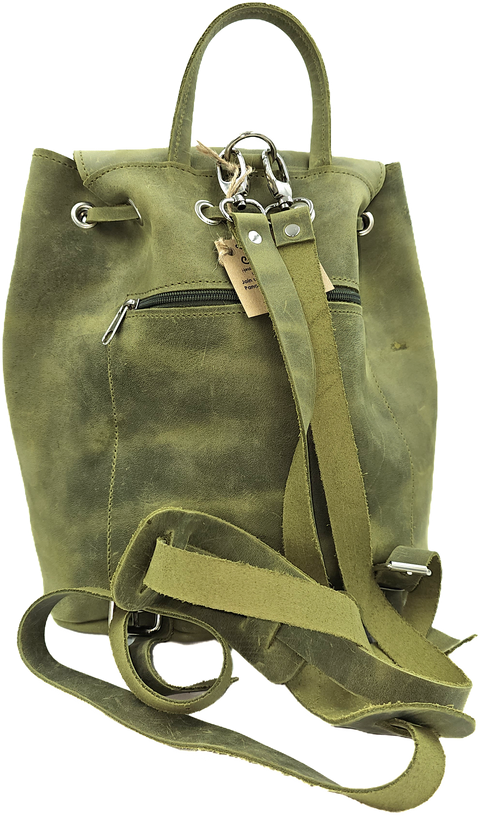 Handmade backpack bag with green leather & front zipper pocket