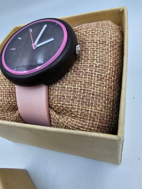 Pink silicone band women wood watch