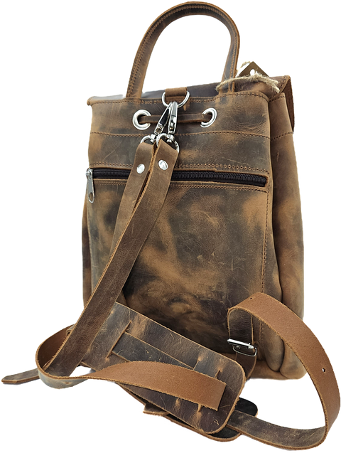 Brown leather backpack bag in dark crazy horse leather