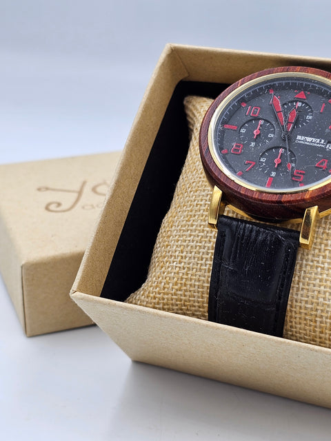 Men's wooden watch with dark brown kadran and black leather strap