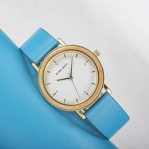 Women's wooden blue elegant watch