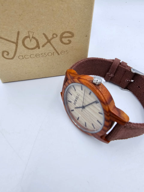 Unisex watch from sandalwood case and canvas stripe