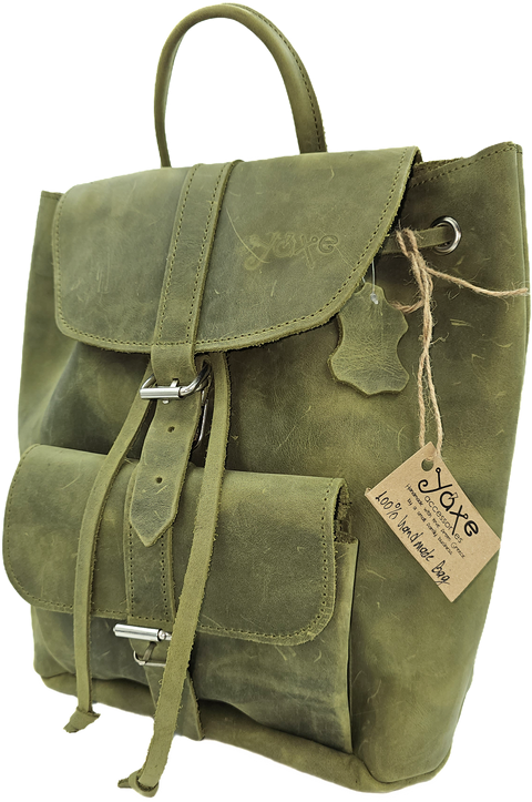 Handmade backpack bag with green leather & front locker pocket
