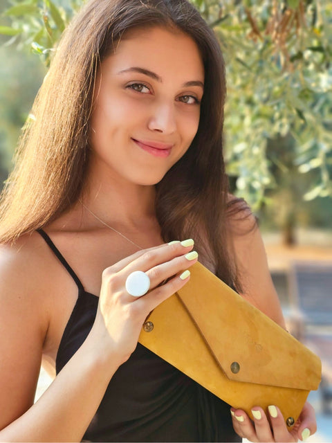 Yellow small clutch women bag from leather and wood - Handmade bags & jewelry Bags