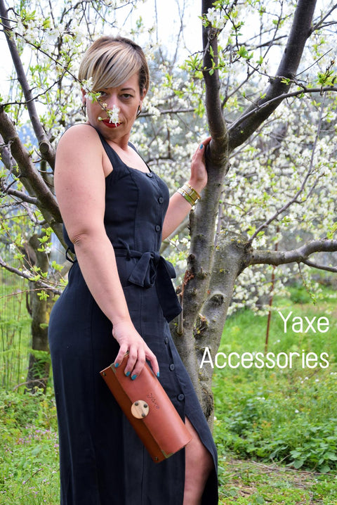 Tampa brown cylinder leather and wood women bag - Handmade bags & jewelry Bags