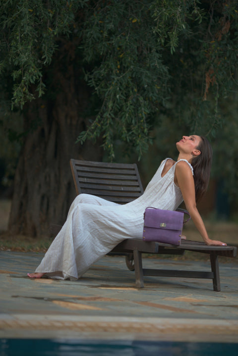 Purple oil leather top handle bag and olive treee wood - Handmade bags & jewelry 
