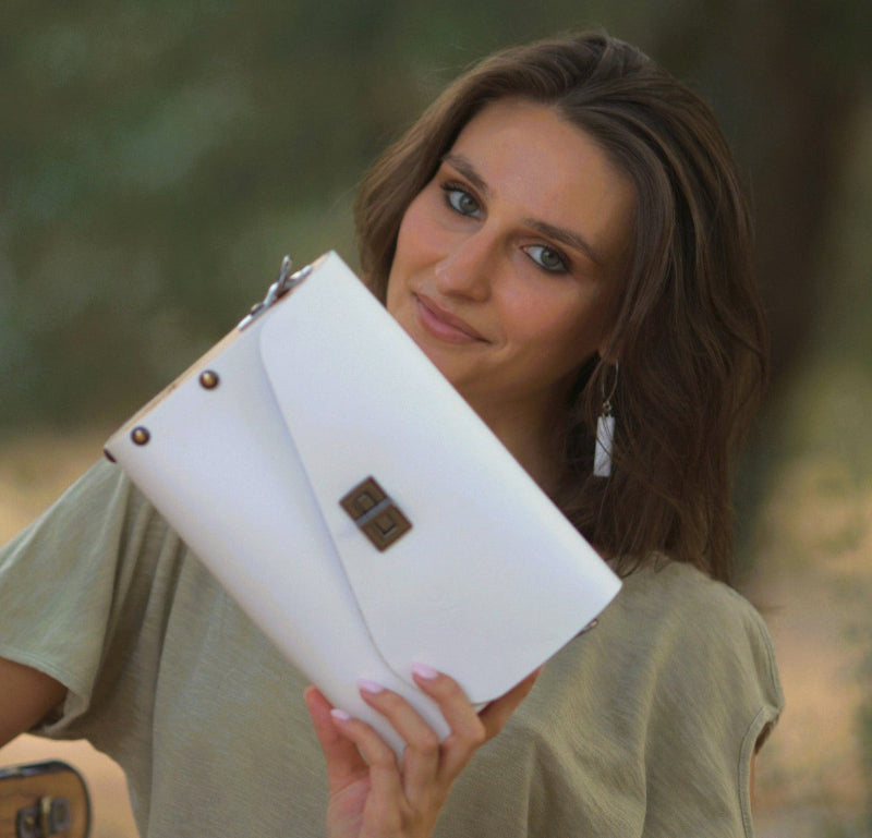 Sophisticated White Leather & Wood Accent Women's Handbag - Handmade bags & jewelry Bags