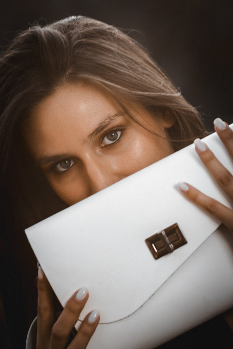 Sophisticated White Leather & Wood Accent Women's Handbag - Handmade bags & jewelry Bags
