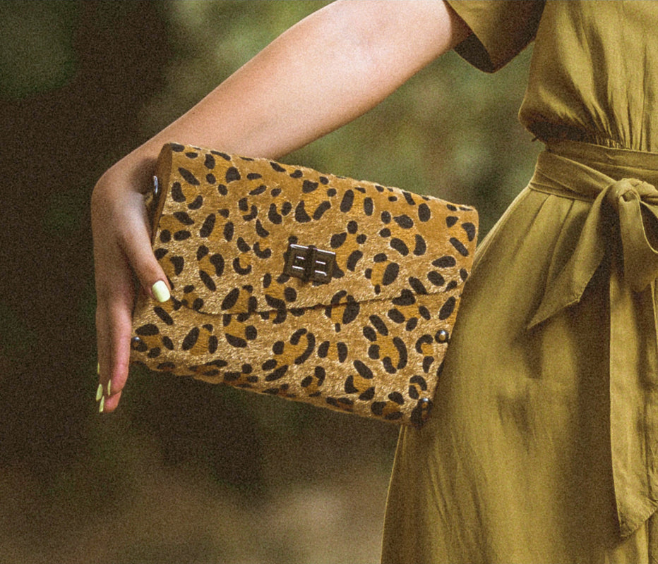 Leopard print real leather & olive wood women bag - Handmade bags & jewelry Bags