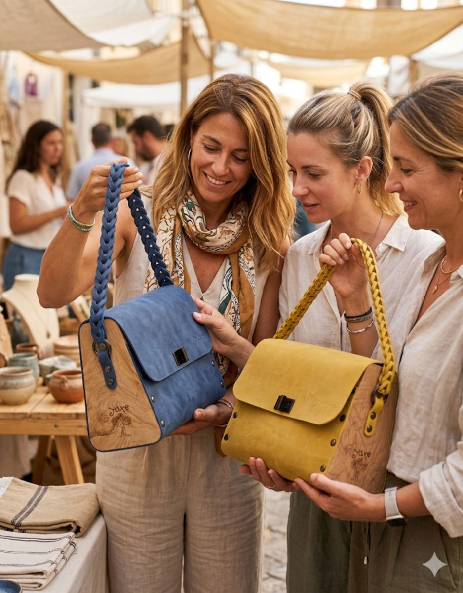 Blue oil leather top handle bag and olive treee wood - Handmade bags & jewelry