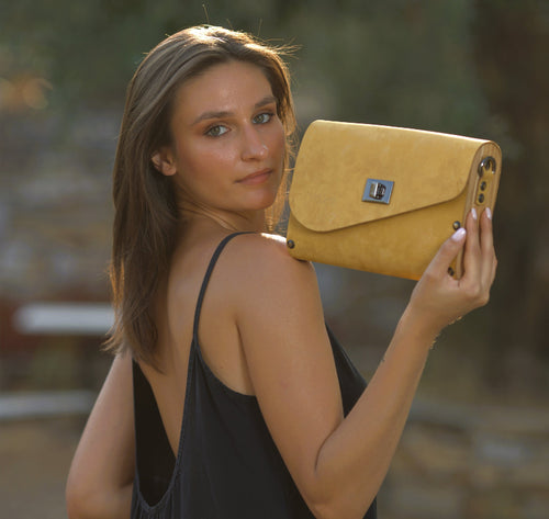 Yellow leather wood women bag - Handmade bags & jewelry Bags