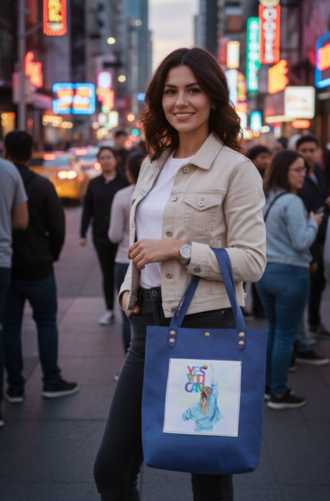 Woman holding a blue tote bag with a graphic design in a busy city street at night.