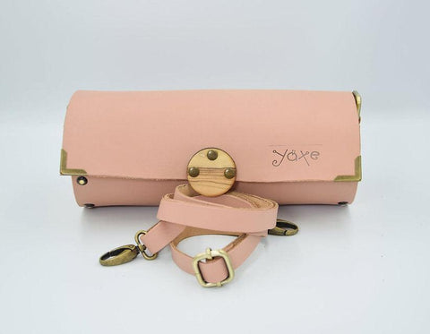 Pink cylinder leather and wood women bag