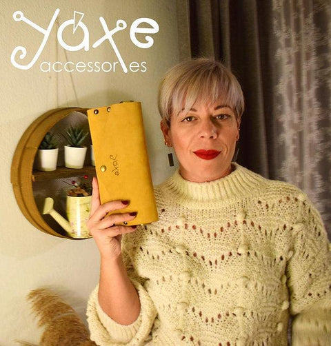 Yellow small clutch women bag from leather and wood