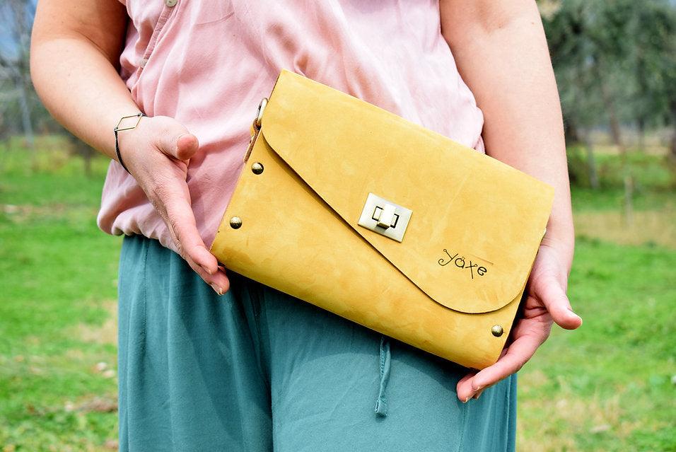 Yellow leather wood women bag Handmade bags jewelry