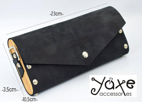 Black small clutch women bag from leather and wood