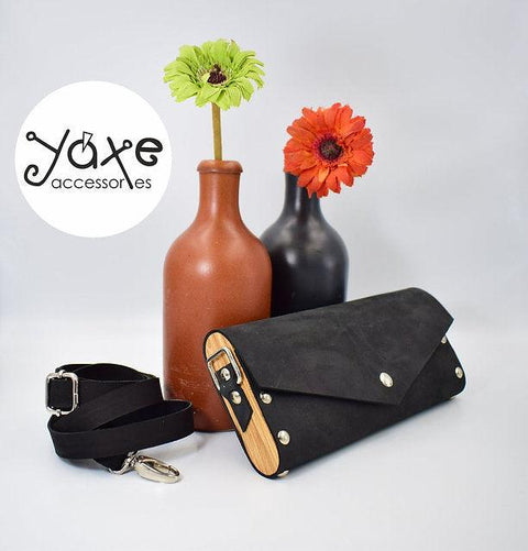 Black small clutch women bag from leather and wood