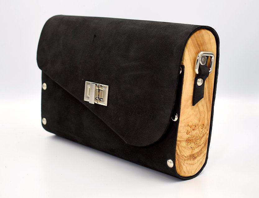 Black matt nubuck leather wood women bag