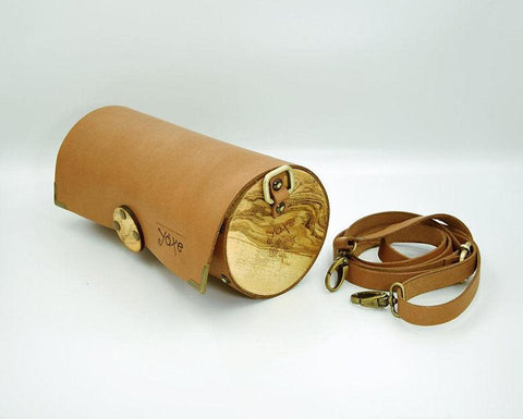 Whisky brown cylinder leather and wood women bag